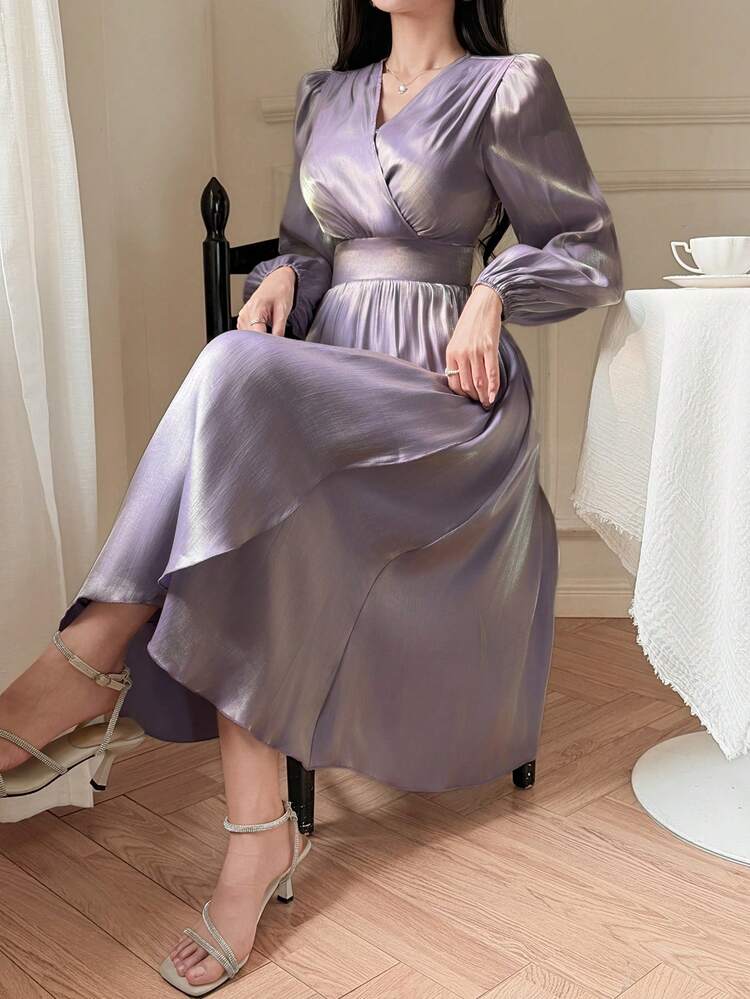 Women's Elegant Solid Color V-Neck Puff Sleeve Long Dress, Spring/Summer Dress Sundress