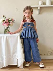 SHEIN Vintaside Kids 2 peças/Conjunto Vintage Moda Camisole Denim e Shorts Denim para Meninas Jovens, Verão - Lavagem clara - Visão 3