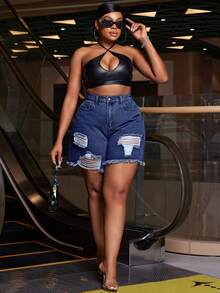 SHEIN EZwear Plus Size Women Pocket Button Distressed Casual Versatile Commuting Denim Shorts - Dark Wash - View 3