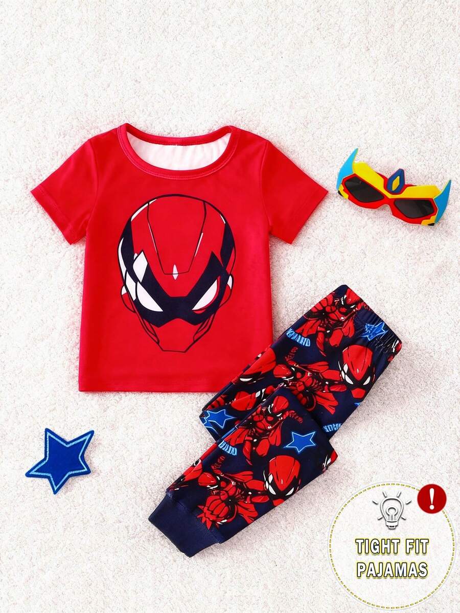 1 set Pijama de manga corta con cuello redondo y estampado gráfico de araña y superhéroe, ajuste ceñido para niño pequeño, primavera/otoño - Rojo - Ver 1