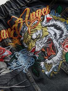 ROMWE Avant 大码女式新款中国风虎头艺伎图案英文刺绣复古牛仔短裤 - 藍色 - 查看 3