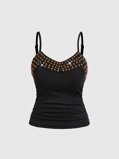 Grunge Punk Camiseta de tirantes de mujer de talla grande con decoración de remaches metálicos, versátil para fiestas y días festivos