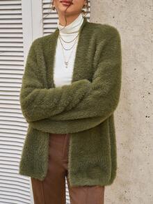Cévolie Women's Solid Color Fluffy Casual Knit Cardigan - Green - View 4