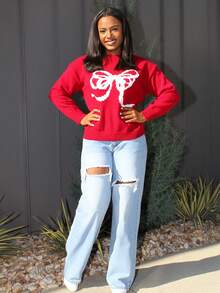 Steph T Ladies' Round Neck Loose Knitted Sweater With Bow Detail,Three Quarter Sleeve Tops Fall,Winter - Red - View 1
