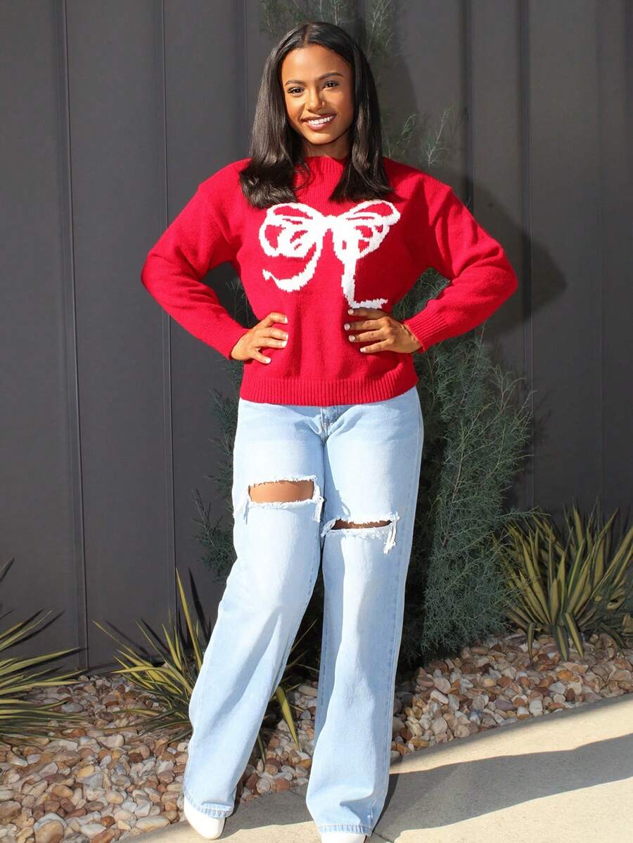 Steph T Ladies' Round Neck Loose Knitted Sweater With Bow Detail,Three Quarter Sleeve Tops Fall,Winter - Red - View 1