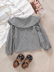 Genkimix Kids Young Girl' Cute Peter Pan Collar Black & White Plaid Lantern Sleeve Shirt - Black - View 2