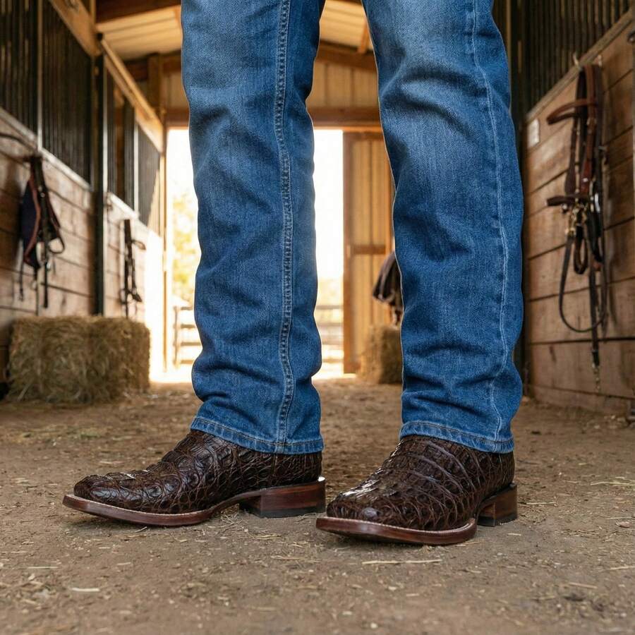 Botas Vaqueras Grabado Tipo Reptil en Piel Real | El Compadre | Horma Bulldog | Punta Cuadrada - Marrón - Ver 1