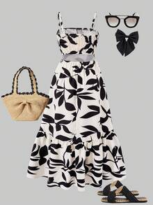 SHEIN ChillGRL Streecool 少女梭织印花优雅收腰吊带连衣裙，露背设计，适合春夏日常休闲穿着 - 彩色 - 查看 2