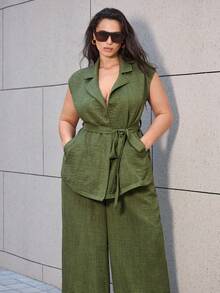Maija Plus Size 2026 New Solid Color Casual Suit Set, Romantic, Fashionable, Versatile; Comfortable, Elegant, Casual, Simple Daily Wear Business Casual Women Outfit Linen Two Piece Set Olive Green Outfit Women Plus Size Linen Outfits Wide Leg Pants Green Vest Top Spring To Summer Spring Outfit Womenvalentine's Day Carnival Fasching Women Costume Party Beach Wedding Vacation Casual Linen Outfits For Women Green Jumpsuit - Army Green - View 1