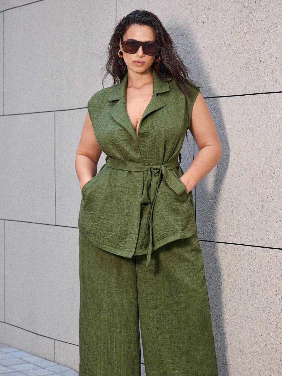 Maija Plus Size 2026 New Solid Color Casual Suit Set, Romantic, Fashionable, Versatile; Comfortable, Elegant, Casual, Simple Daily Wear Business Casual Women Outfit Linen Two Piece Set Olive Green Outfit Women Plus Size Linen Outfits Wide Leg Pants Green Vest Top Spring To Summer Spring Outfit Womenvalentine's Day Carnival Fasching Women Costume Party Beach Wedding Vacation Casual Linen Outfits For Women Green Jumpsuit - Army Green - View 1
