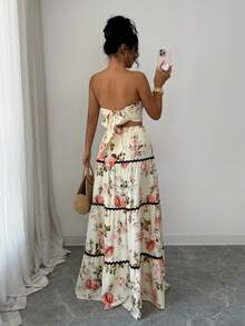 SHEIN Raffinéa 2pcs Elegant Holiday Strapless Top And Skirt Set For Women, Spring/Summer - Apricot - View 2