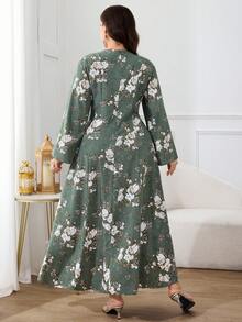 Al Najma 大码女式印花喇叭袖纽扣设计优雅阿拉伯连衣裙 - 紅色 - 查看 2