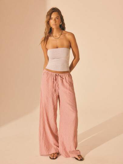 Aralina Women's Striped Low Rise Elastic Waist Wide Leg Pants Beach Pants Summer Pants Pink Pants Everyday Casual Comfy Pants For Women Vacation Outfit
