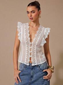 SHEIN BAE Black Lace Sleeveless V-Neck Minimalist Blouse, Black Lace Camisole Top - White - View 1