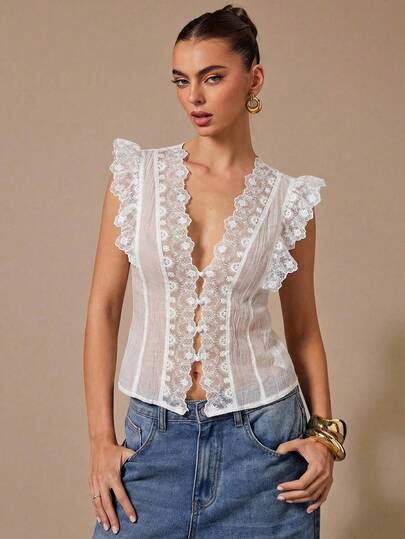 SHEIN BAE Svart spetsärmlös V-ringad minimalistisk blus, svart spetslinnetopp