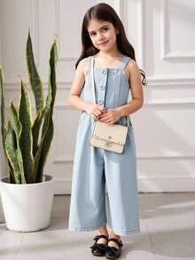 2件套女童简约百搭吊带背心和长款牛仔裤套装，适合学校、校园、户外活动 - 藍色 - 查看 7