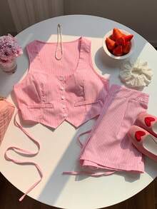 Comfortcana Women's Summer Vacation Striped Cardigan & Shorts 2 Pieces Set - Pink - View 5