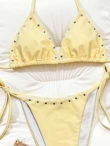 Swim SXY-D Solid Color Triangle Drawstring Halter Tie Knot Metal Decor Side Tie Bottoms Sexy Beach Bikini Set For Women - Yellow - View 2