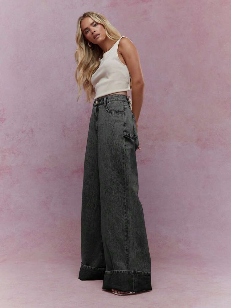 MISSGUIDED Vintage Wash Carpenter Jeans With Cuffed Hem Wide Leg Denim Pants For Fall Winter Casual Wear