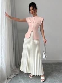 Modelyn Set de 2 piezas de falda larga plisada con cintura ceñida y sin mangas con botones azules para mujer - Rosa - Ver 5