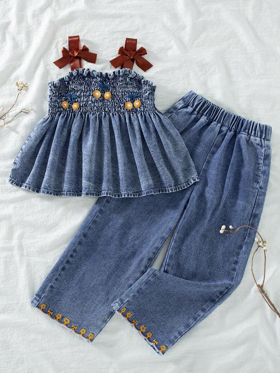 SHEIN Vintaside Kids 2 peças/Conjunto Vintage Moda Camisole Denim e Shorts Denim para Meninas Jovens, Verão - Lavagem clara - Visão 1