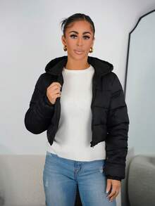 SAYEHFBABY 女士纯色长袖拉链连帽短款休闲加厚棉服外套，冬装 - 黑色 - 查看 5