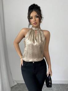 SHEIN PETITE Women's Elegant Sleeveless High Collar Gold Blouse, Suitable For Spring/Summer Outings - Gold - View 3