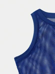 SWAVVY Áo tank top lưới in chữ dành cho nam, thích hợp mặc hàng ngày vào mùa xuân và mùa hè. - Xanh đậm - Xem 6