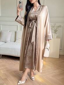 DAZY Women's Contrast Color Long Sleeve Robe And V-Neck Short Sleeve Tie Waist Dress Elegant 2-Piece Set - Gold - View 3