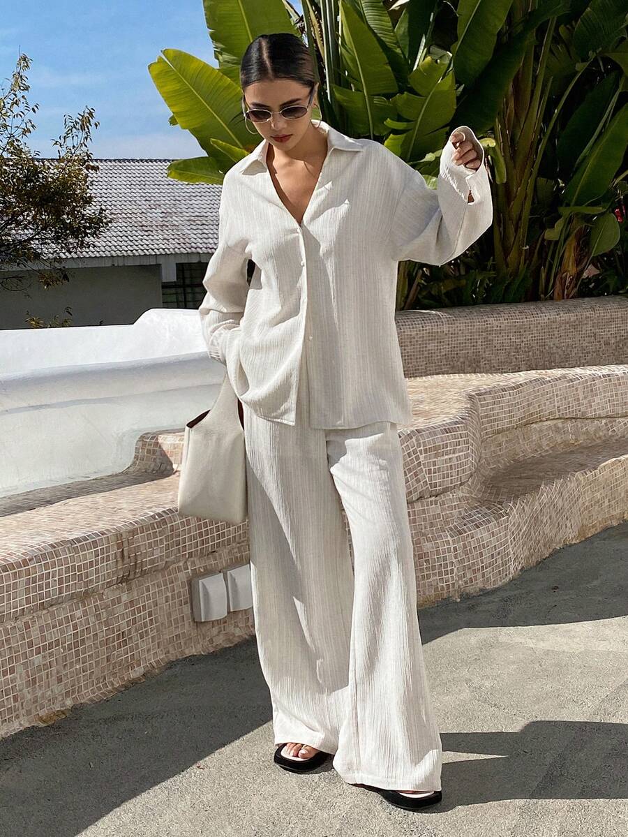 DAZY Women's Turndown Collar Single-Breasted Long Sleeve Top And Wide-Leg Pants Casual Suit - Beige - View 1