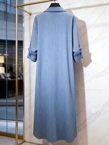 Franclia 女士时尚新款蓝白竖条纹长袖衬衫裙，拼接二合一纽扣设计，宽松韩版休闲通勤百搭日常法式长裙 - 藍白色 - 查看 3