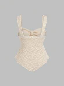 Sweetra 大码女式前系结荷叶边蕾丝吊带背心 - 杏色 - 查看 2