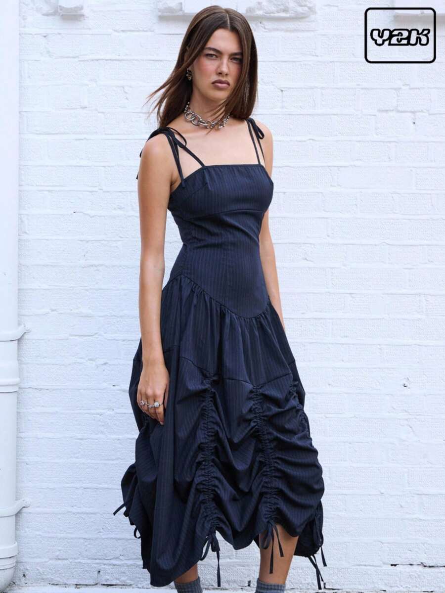 COUREZ 条纹降落伞式中长吊带连衣裙 / Y2K 外出穿搭 秋季女装 秋季服装 可爱冬季婚礼宾客礼服 优雅连衣裙 正式礼服 - 深灰色 - 查看 1