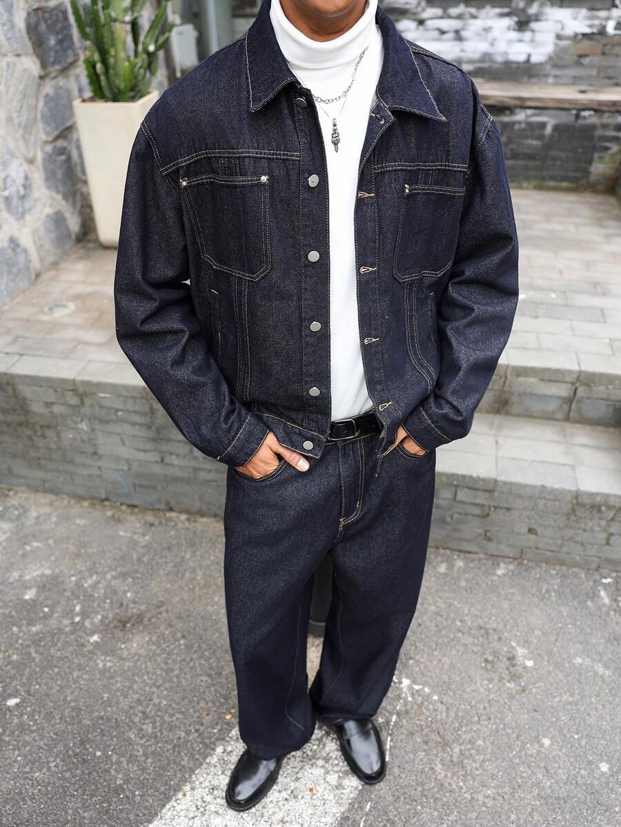 Manfinity EMRG Men's Dark Blue Denim 2 Pieces Set, Casual Jacket And Loose Fit Pants, Spring/Autumn Mens Denim Set Baggy Jeans Man