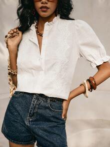 Poéselle 女士夏季休闲纯色蕾丝边泡泡袖衬衫 - 白色 - 查看 2