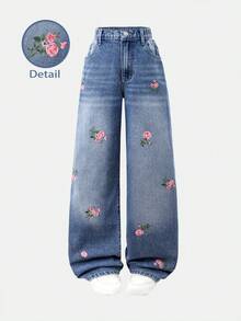 SHEIN 少女时尚做旧玫瑰印花阔腿牛仔裤 - 藍色 - 查看 7