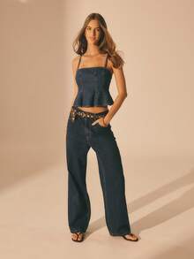 Aralina Women's Summer Denim Casual Thin Strap Zip Back Cute Peplum Top, Beach Outfit For Women, Y2K Stockholm Style - Medium Wash - View 8