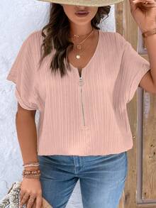 EMERY ROSE Plus Size Women's Solid Color Simple Daily Short Sleeve Shirt For New Year Clothes - Baby Pink - View 6