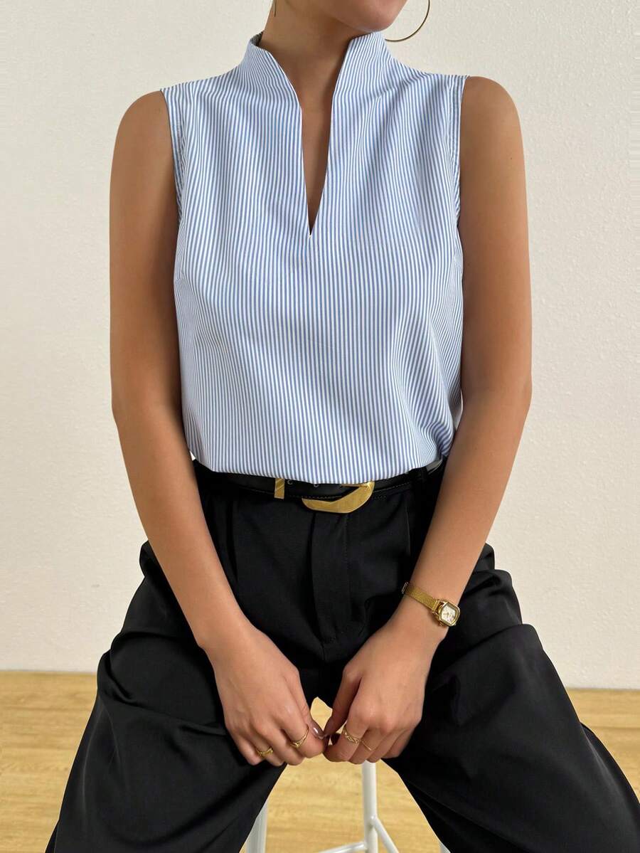 Rafferiza 女款藍白條紋無袖襯衫,夏季優雅立領上衣,適合辦公室、上班休閒、通勤與外出穿搭的多功能上衣 - 藍白色 - 查看 1