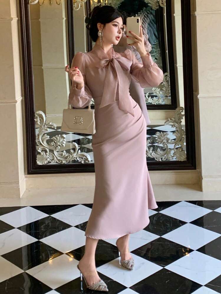 Women's Elegant Patchwork Tie Collar Puff Sleeve Pleated Midi Dress, Autumn/Winter
