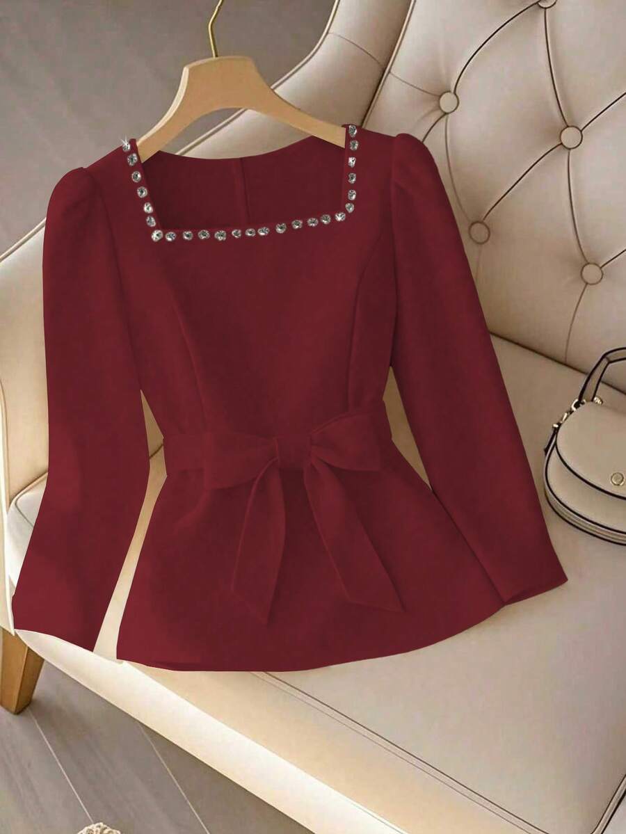 GlowEve Women's Elegant Rhinestone Decorated Square Collar Belted Blouse, Spring/Autumn - Burgundy - View 1