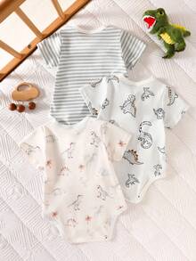 SHEIN 3件套新生儿/婴幼儿男女童可爱休闲简约舒适柔软透气短袖连体衣，萌熊印花图案，适合春、夏、秋、冬四季日常穿着、生日派对、摄影等场合 - 灰色 - 查看 2