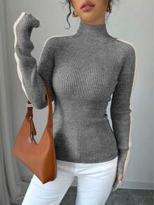 RosyDaze Damen Lässig Alltags Pendler Kontrast Farbiger Rollkragen Figurbetonter Pullover, Herbst/Winter - Grau - Übersicht 6