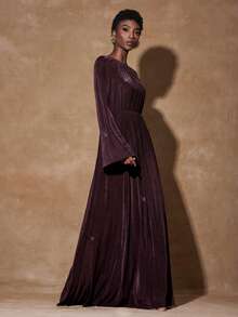 Zivah Đầm dài tay loe xếp ly cổ trước eo chun co giãn kiểu dáng mới Xuân/Hè 2026, vải bóng màu nâu, dáng chữ A, đầm màu nâu, đầm Xuân/Hè, đầm dự tiệc, đầm gợi cảm, đầm nữ - Cà phê nâu - Xem 6