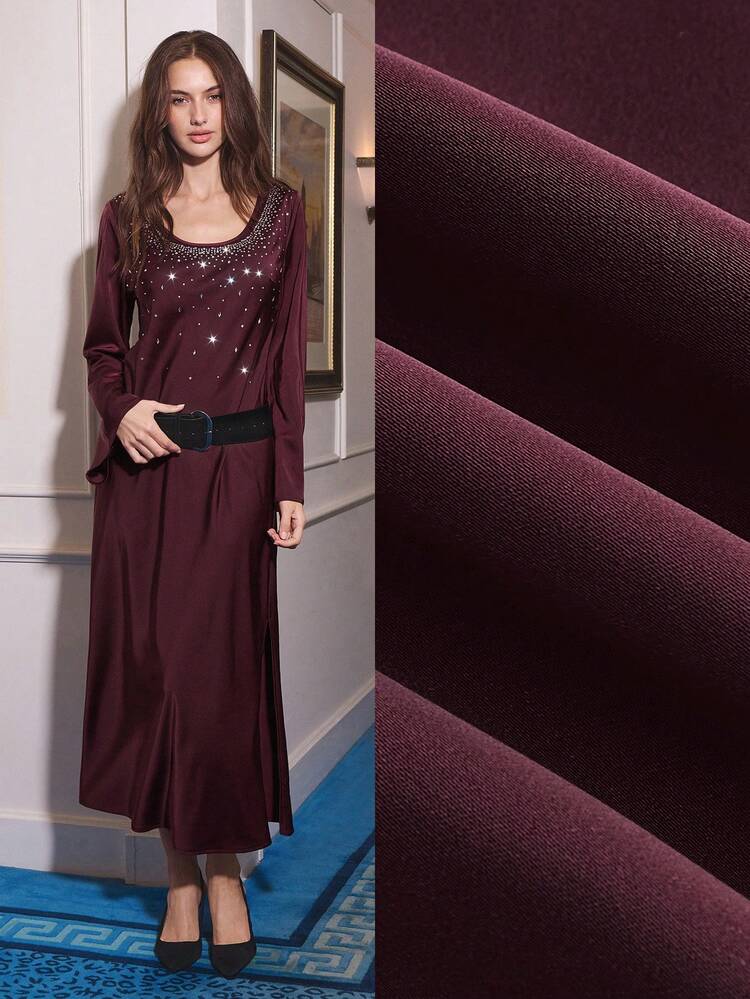 SHEIN Maija Women's Solid Color Round Neck Rhinestone Decor Long Sleeve Dress Christmas Party Dress Luxury Dress For Women Dresses For Women Long Sleeve Wine Dress Night Dresses Party Women Elegant Dresses For Women Maroon Dress Modest Dress Long Sleeve Dresses Woman