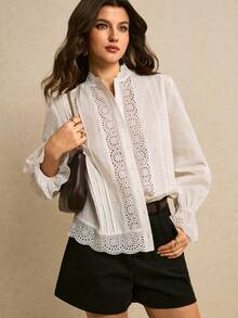 Poéselle Women's Casual Vacation Style Schiffy Panel Ruffle Sleeve Blouse, Spring/Autumn - White - View 7