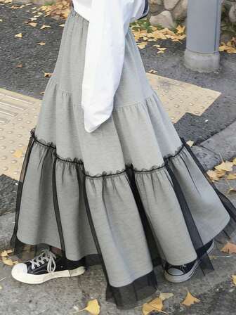 FRIFUL 여성 캐주얼 탄성 허리 러플 헴 대비 색상 스커트