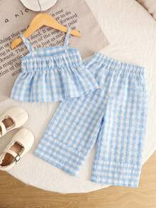 女婴休闲度假时尚修身舒适棉质梭织蓝色条纹吊带背心拼接荷叶边下摆上衣和阔腿裤套装 - 彩色 - 查看 5