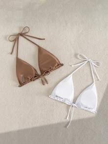 Swim Basics 2pcs Women's Solid Color Halter Tie Bikini Top Set - Multicolor - View 2