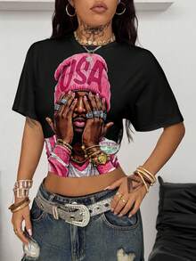 Coolane Women's Figure Print Round Neck Short Sleeve Cropped Casual T-Shirt Carnival - Multicolor - View 6